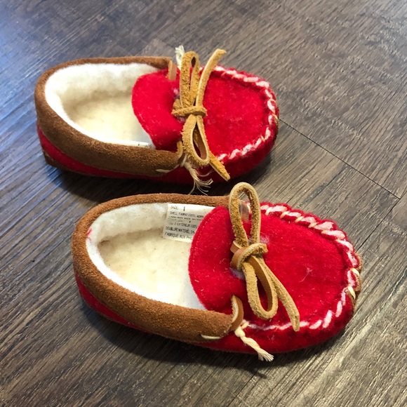 VINTAGE Gap Moccasins Red Brown Winter Baby Sz 1 - Picture 2 of 7
